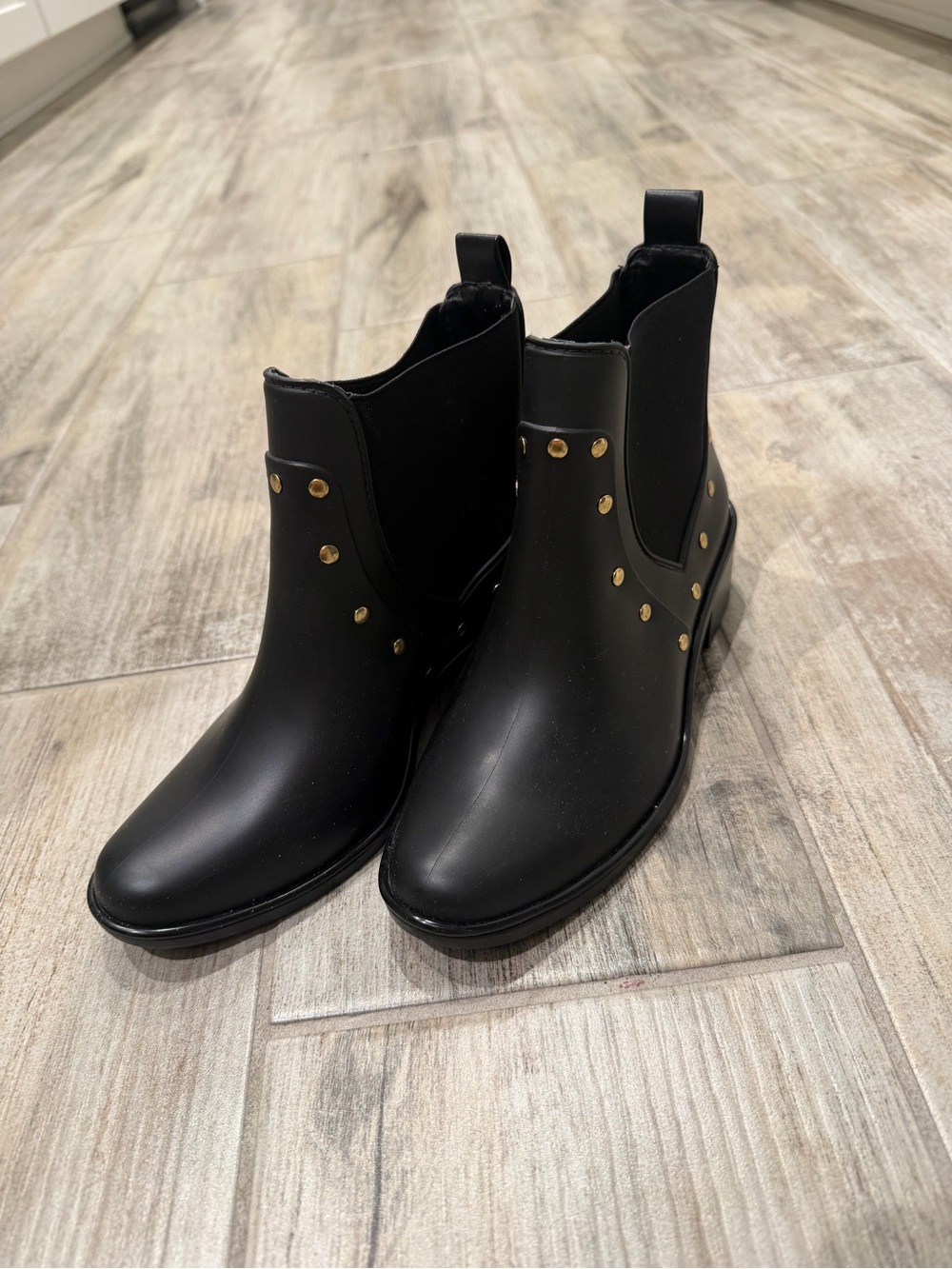 Kate Spade Black Women's Ankle Rain Boots with Gold Studs